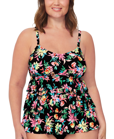 Island Escape Plus Size Floral Print Tiered Tankini Top High Waist Bottoms Created For Macys In Black Multi