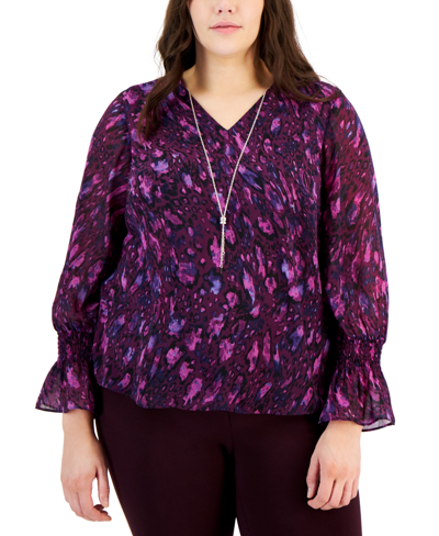 Jm Collection Plus Size Glam Animal-print Smocked-sleeve Necklace Top, Created For Macy's In Bitter Purple Combo