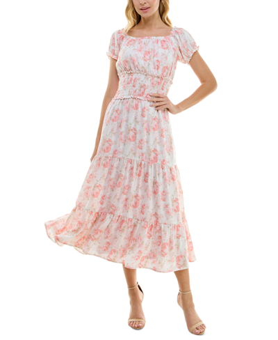 Trixxi Juniors' Floral Print Puff-sleeve Midi Dress In Pink,ivory Multi