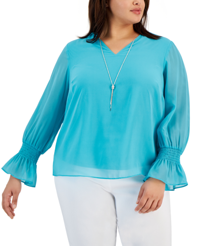 Jm Collection Plus Size Smocked-sleeve Necklace Top, Created For Macy's In Seascape