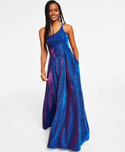 B Darlin Juniors' Strappy-back Glitter-finish Gown, Created For Macy's In Sapphire,fuschia