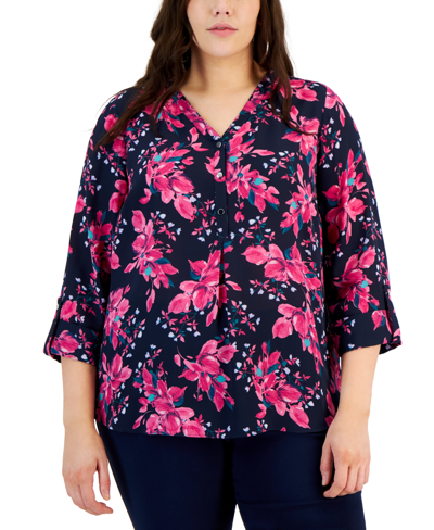 Jm Collection Plus Size Savannah Sprout Utility Top, Created For Macy's In Intrepid Blue Combo