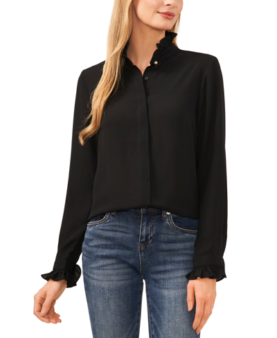 Cece Women's Ruffled-collar Button-front Long-sleeve Blouse In Rich Black