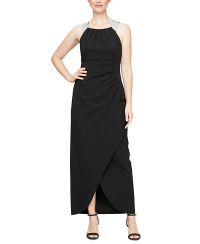 Sl Fashions Petite Rhinestone-collar Halter Dress In Black