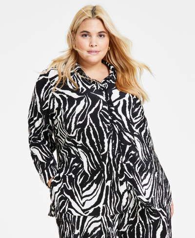 Bar Iii Plus Size Printed Plisse Button-up Shirt, Created For Macy's In Chelsea Zebra