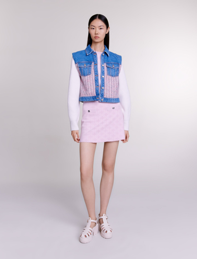 Maje Denim And Tweed Cropped Jacket For Spring/summer In Pink/ecru /