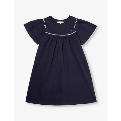 Chloé Chloe Girls Navy Kids Logo-embroidered Fluted-sleeve Cotton-jersey Dress 4-14 Years