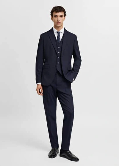 Mango Man Herringbone-pattern Suit Trousers Navy