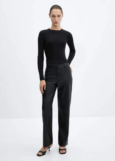 MANGO MID-RISE LEATHER EFFECT TROUSERS BLACK