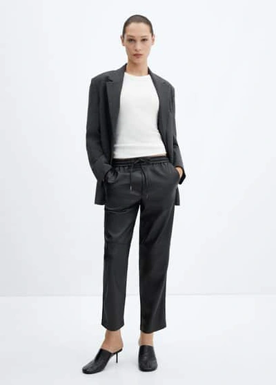 Mango Leather-effect Elastic Waist Trousers Black