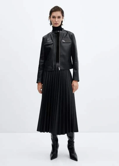 Mango Leather-effect Pleated Skirt Black
