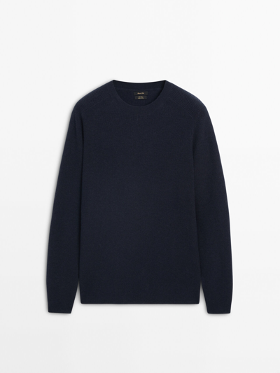 Massimo Dutti Wool And Cotton Blend Knit Sweater With Crew Neck In Navy Blue