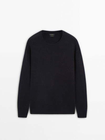 Massimo Dutti Crew Neck Knit Jacquard Sweater In Navy Blue