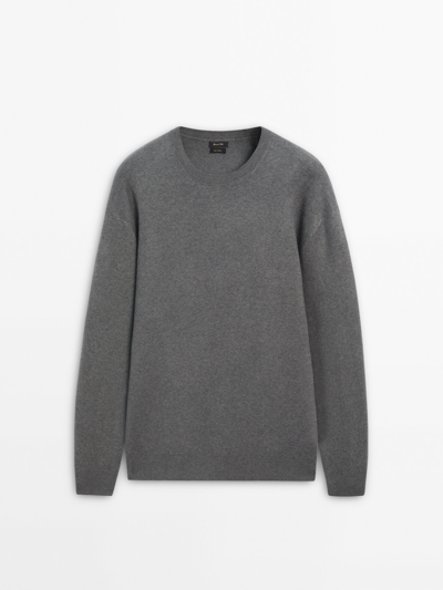 Massimo Dutti Crew Neck Knit Jacquard Sweater In Anthracite Grey