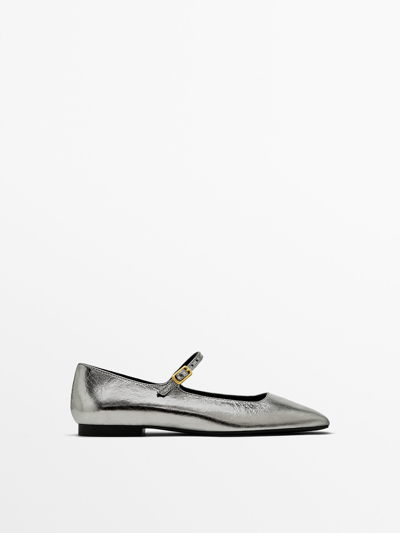 Massimo Dutti Ballet Flats With Buckle In Silver
