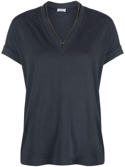 Brunello Cucinelli Monili-trim V-neck T-shirt In Blue