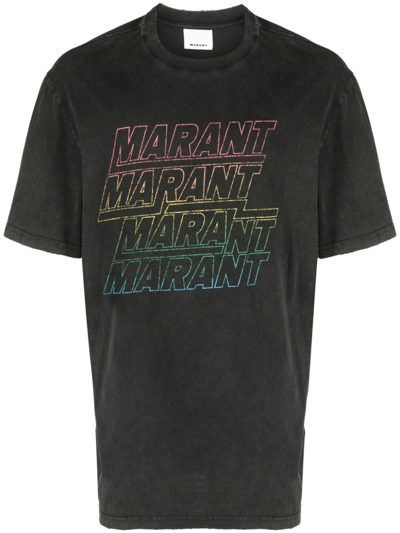 Isabel Marant Hugo Distressed Cotton Logo Graphic T-shirt In Black