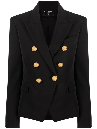 Balmain Double Breast Wool Blazer Jacket In Black