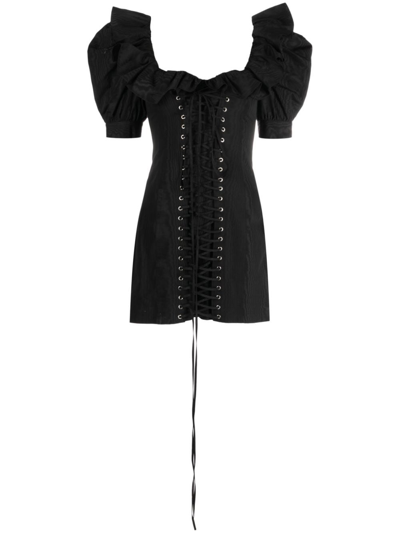 Alessandra Rich Moiré Mini Dress W/ Lace-up Detail In Black