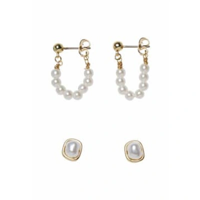 Pieces Pearl Two Piece Earring Set Gold