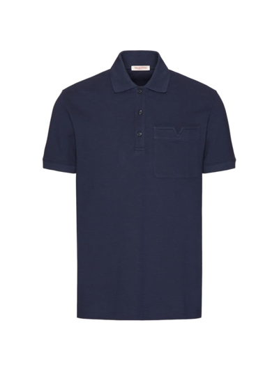 Valentino Men's Cotton Piqué Polo Shirt With Topstitched V Detail In Navy