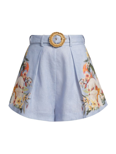 Zimmermann Lexi Belted Floral-print Linen Shorts In Blue Palm
