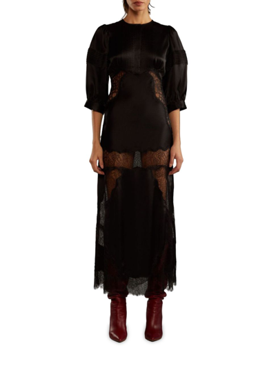 Cynthia Rowley Blouson-sleeve Lace & Silk Charmeuse Midi Dress In Black
