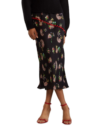 Cynthia Rowley Scallop-trim Paisley-pattern Silk Skirt In Black Floral