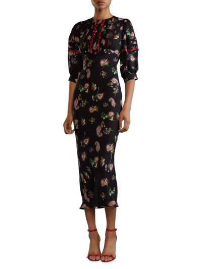 Cynthia Rowley Floral-print Silk Midi Dress In Black Floral