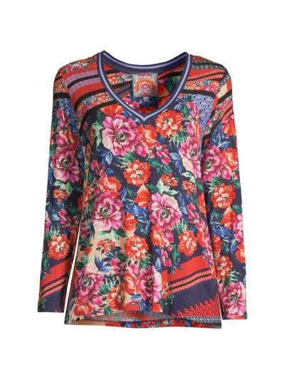 Johnny Was The Janie Long Sleeve V Neck Tee In Neutral