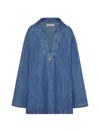Valentino Vgold Logo Plaque Cut-out Denim Top In Blue