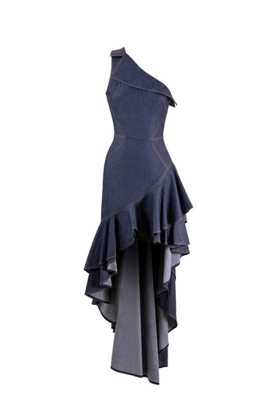 Saiid Kobeisy One Shoulder, Assymetric Denim Dress In Blue