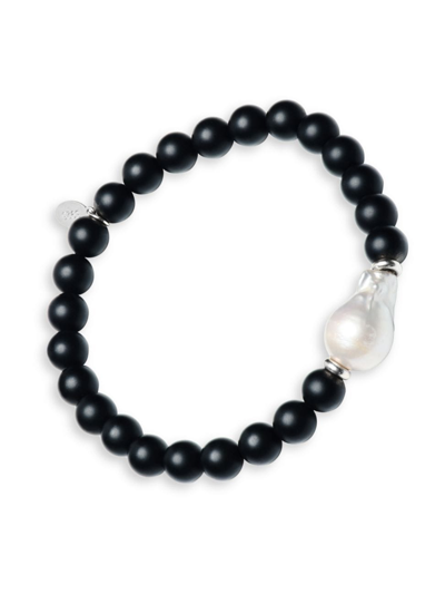 Jan Leslie Men's Black Onyx Beaded Bracelet With Pearl Center