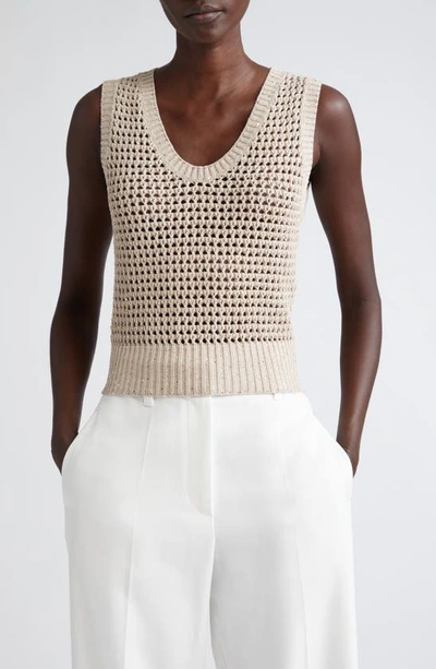 Brunello Cucinelli Open-knit Tank Top With Sequin Detail In Canel Chiaro