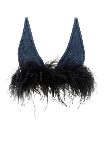 Miu Miu Denim Bra Top With Feather In Blue/black
