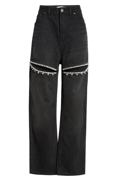 Area Crystal Cutout Slit Straight Leg Jeans In Black