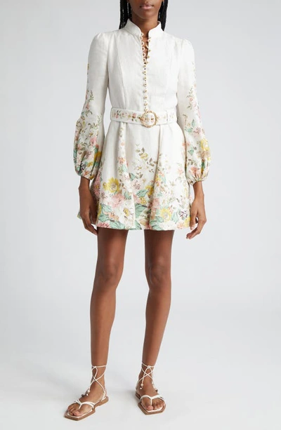 Zimmermann Matchmaker Floral Buttoned Mini Dress In Nude & Neutrals