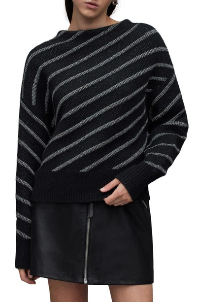 Allsaints Vega Diagonal Stripe Cropped Sweater In Black/silver