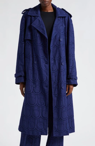 Farm Rio Women's Eyelet Cotton Double-breasted Trench Coat In Navy Blue