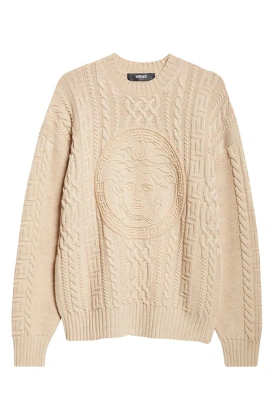 Versace Medusa Embroidered Cable Knit Virgin Wool Sweater In Brown