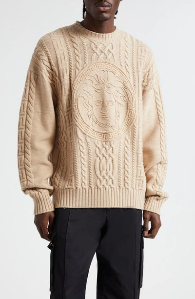 VERSACE MEDUSA EMBROIDERED CABLE KNIT VIRGIN WOOL SWEATER