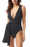 VINCE CAMUTO VINCE CAMUTO PLUNGE NECK RIB ONE-PIECE SWIMSUIT
