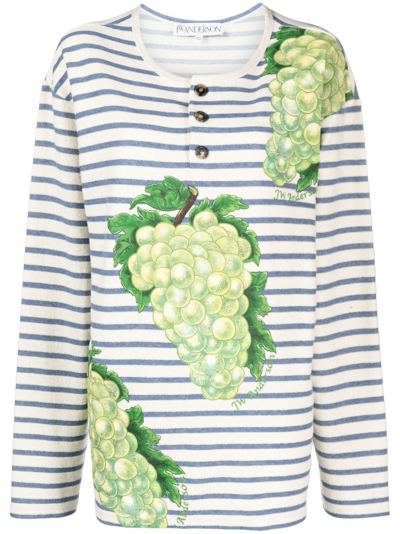 Jw Anderson Multicolour Striped Grape-print Cotton T-shirt In Neutrals