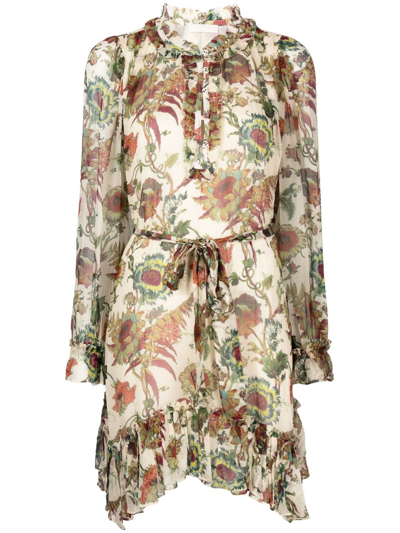 Ulla Johnson Anais Ruffled Floral-print Silk-crepon Mini Dress In Neutrals