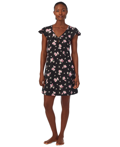 Lauren Ralph Lauren Floral Print Cotton Blend Nightgown In Black Ground Floral