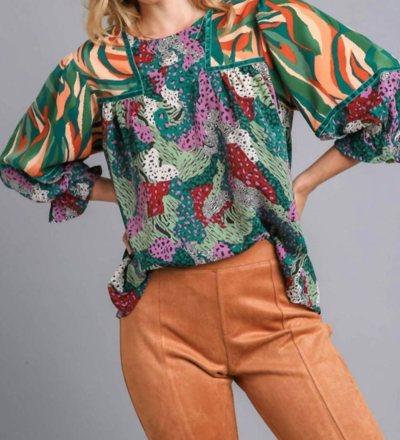 Umgee Leppo Mixed Media Top In Multi In Green