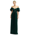 After Six Ruffle Off The Shoulder Metallic Column Gown In Metallic Evergreen