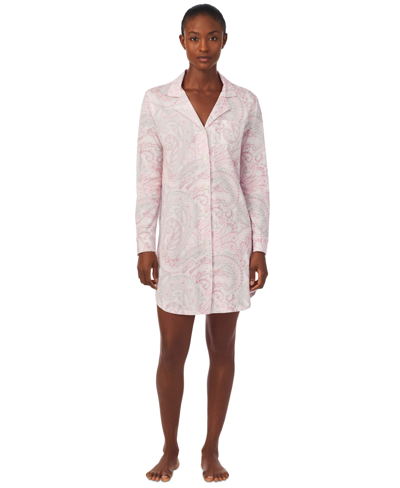 Lauren Ralph Lauren Women's Long-sleeve Notched-collar Sleepshirt In Blush Print
