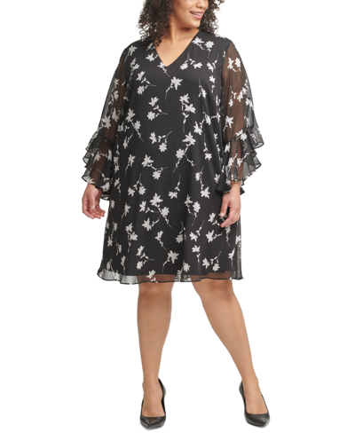 Calvin Klein Plus Size Printed V-neck Chiffon Shift Dress In Black Cream