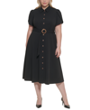 Calvin Klein Puff-sleeve Belted Midi Dress In Black